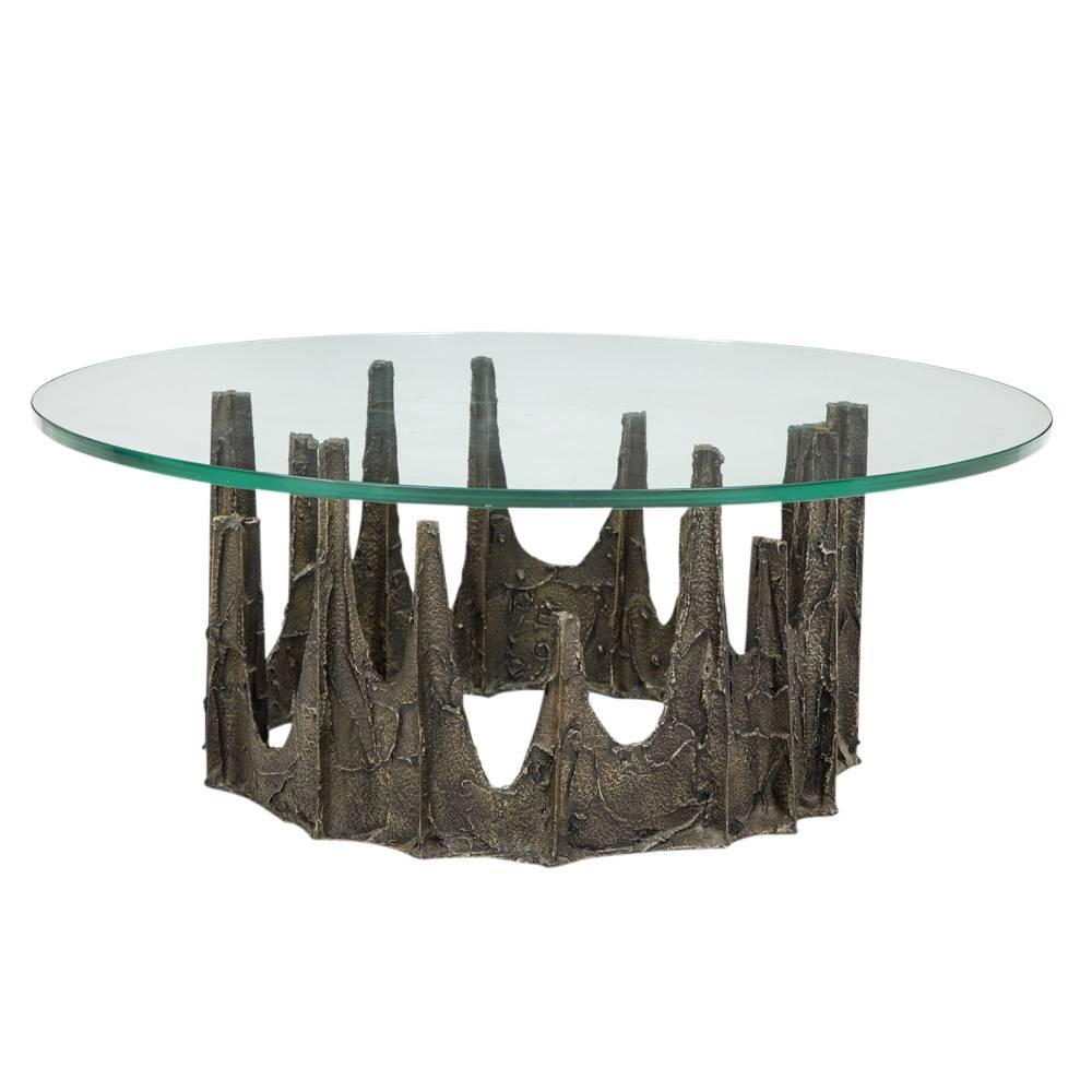 Tempered Paul Evans Coffee Table, Sculpted Bronze and Glass, Signed