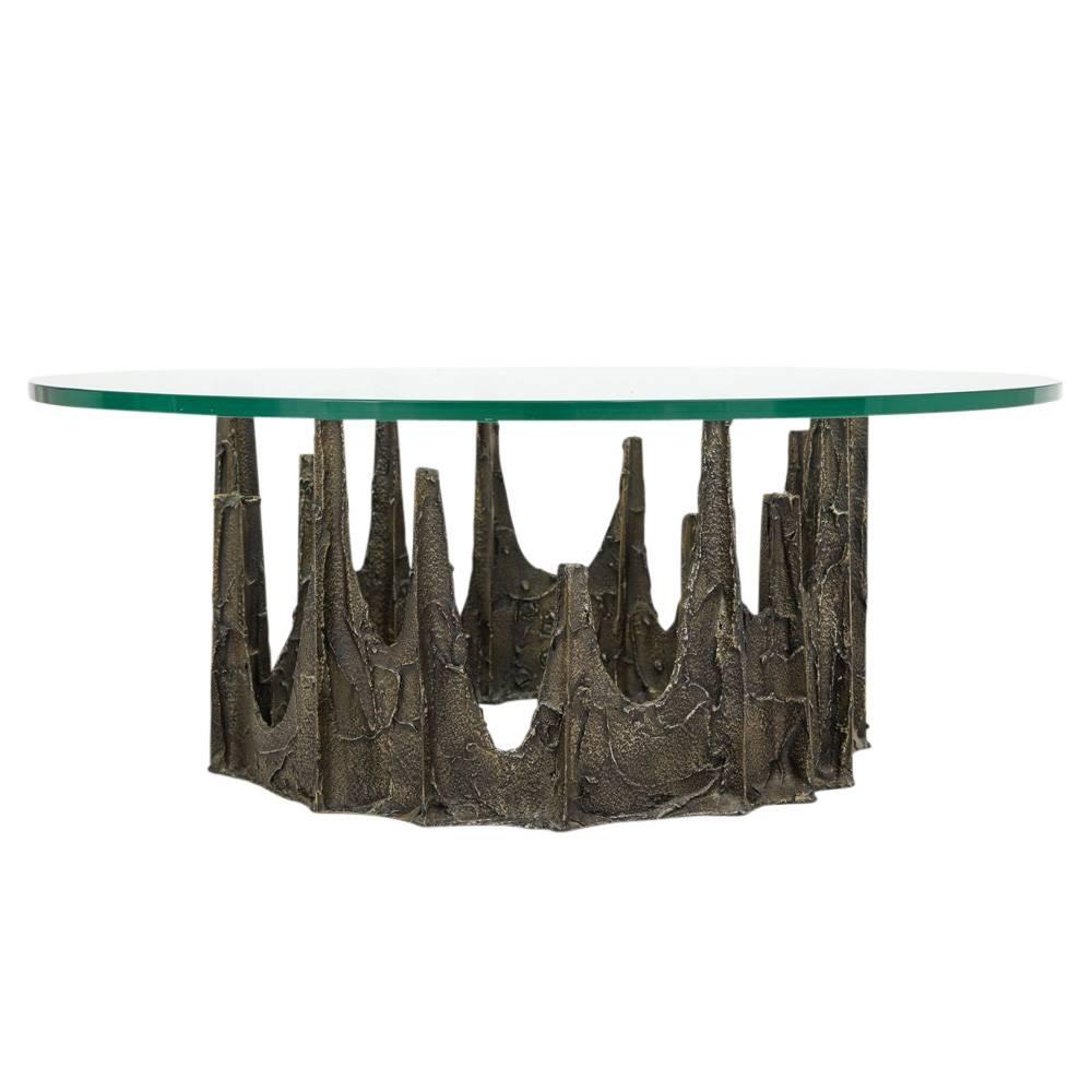 Paul Evans cocktail table sculpted bronze and glass signed, USA, 1960s. Base in good original condition. Acquired from the original owner who purchased several tables directly from Paul Evans' Studio in New Hope PA., in 1969. Signed PE 69 on