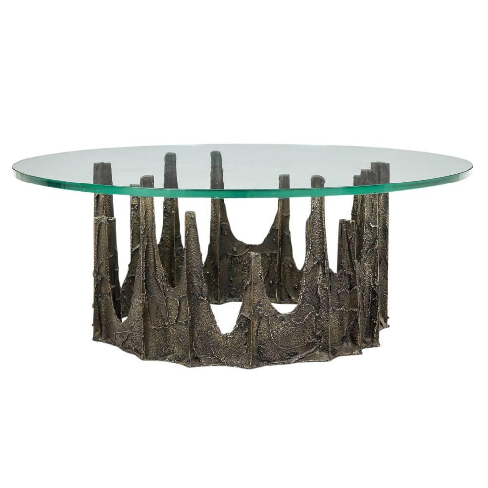 American Paul Evans Coffee Table, Sculpted Bronze and Glass, Signed