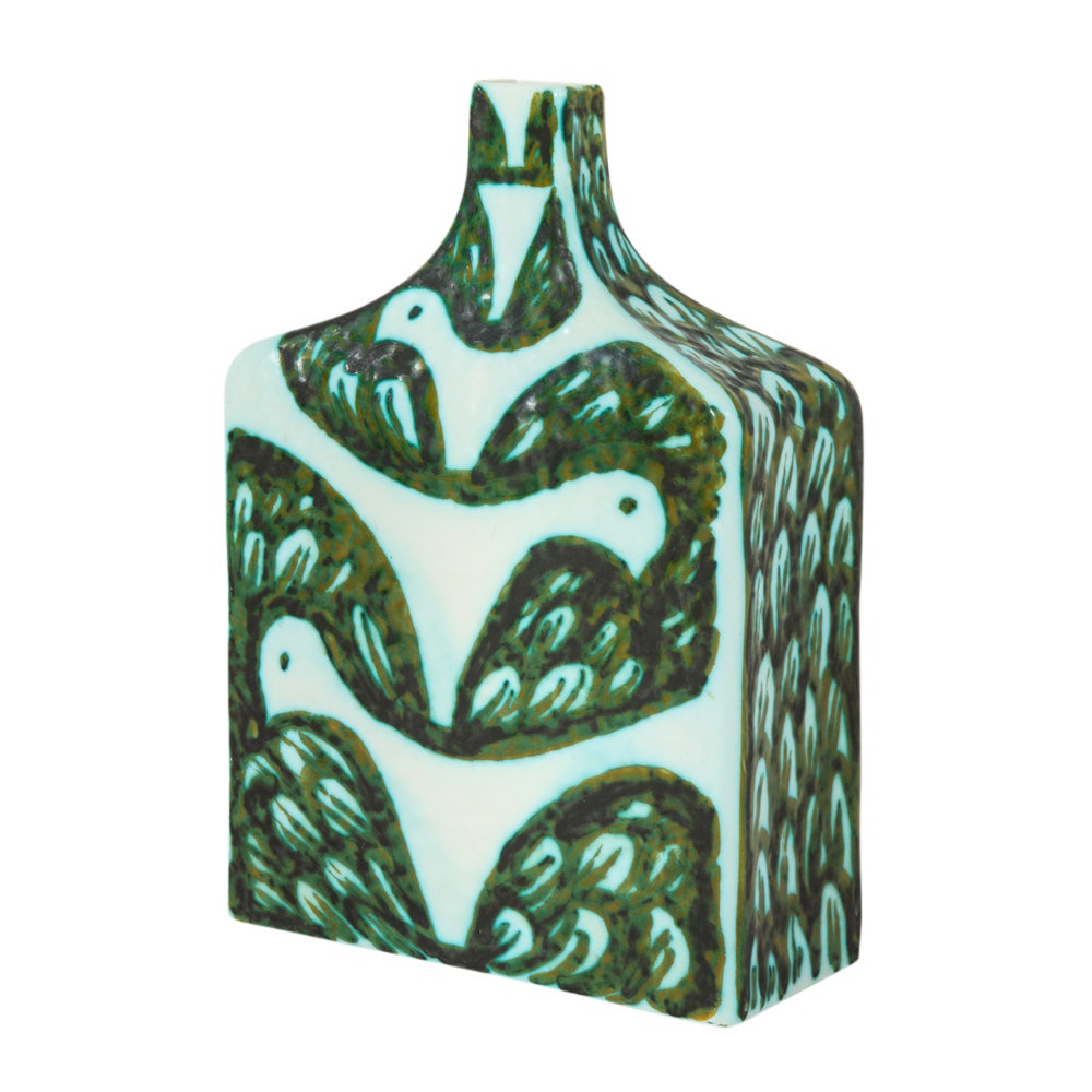 Alessio Tasca Raymor Vase, Ceramic, Green, White, Doves, Fish, Signed For Sale