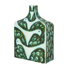 Vintage Alessio Tasca Raymor Vase, Ceramic, Green, White, Doves, Fish, Signed