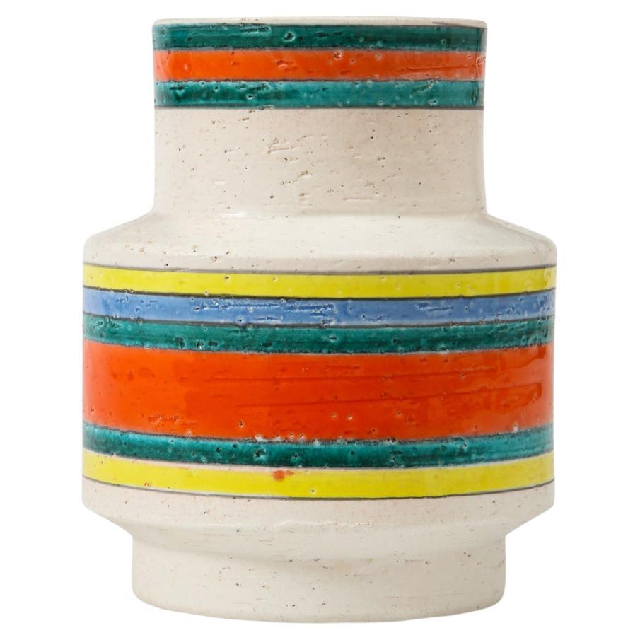 Italian Ceramic Vase, White, Green, Orange, Yellow, Blue, Stripes, Signed For Sale