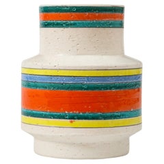 Italian Ceramic Vase, White, Green, Orange, Yellow, Blue, Stripes, Signed