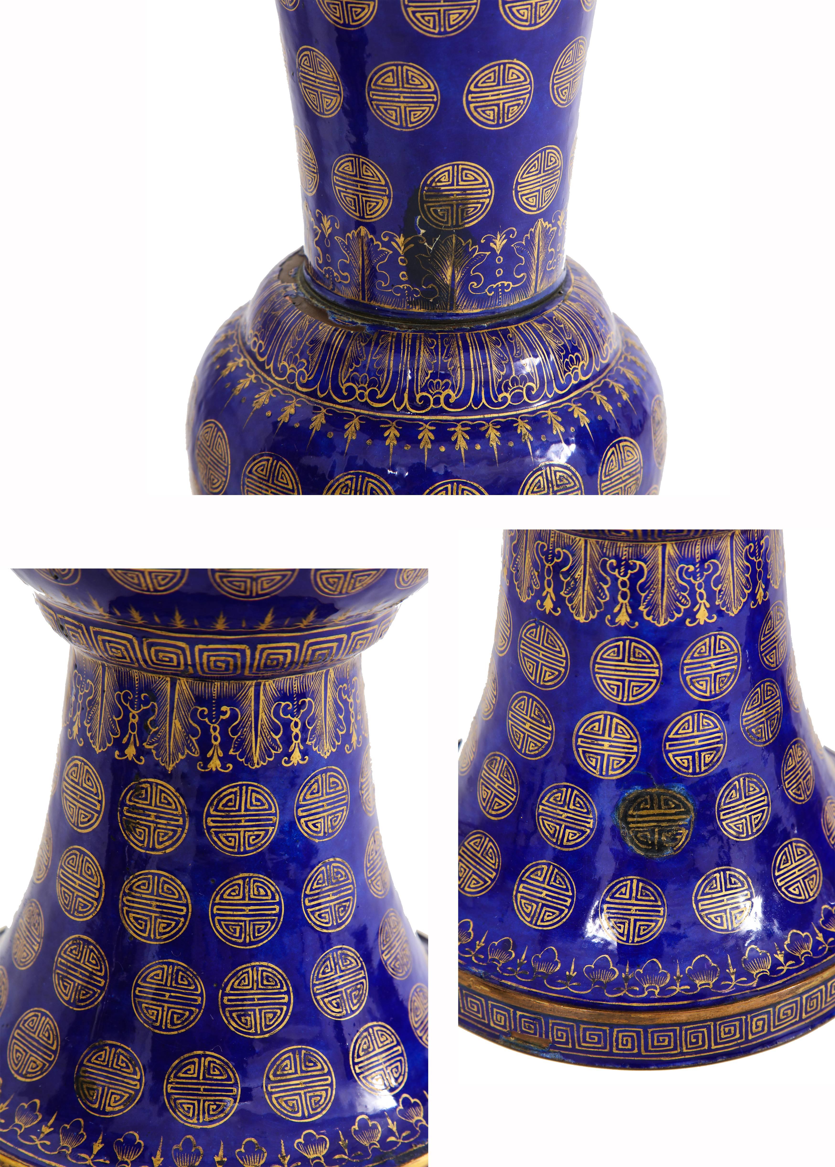 Tommi Parzinger Lamps, Chinese Qing Cloisonné, Cobalt Blue, Gilt, Brass, Signed For Sale 4