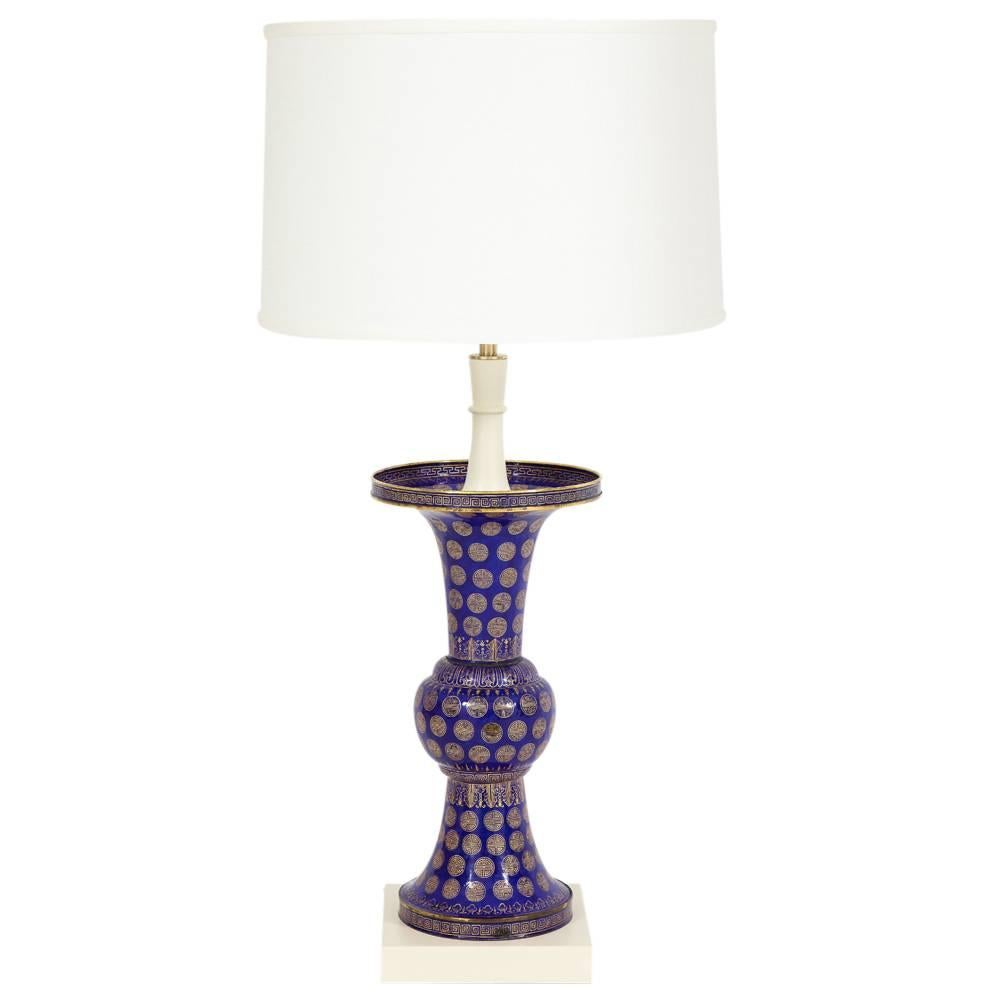 American Tommi Parzinger Lamps, Chinese Qing Cloisonné, Cobalt Blue, Gilt, Brass, Signed For Sale