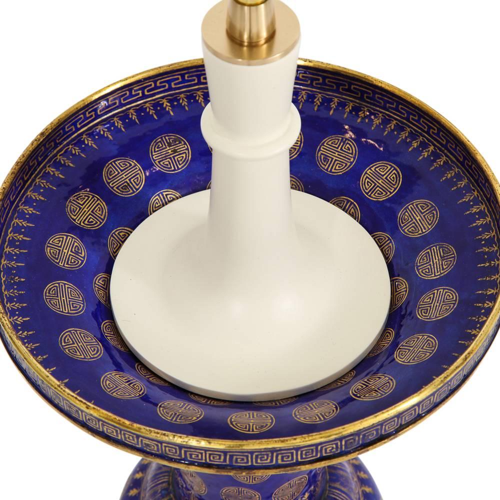 Mid-20th Century Tommi Parzinger Lamps, Chinese Qing Cloisonné, Cobalt Blue, Gilt, Brass, Signed For Sale
