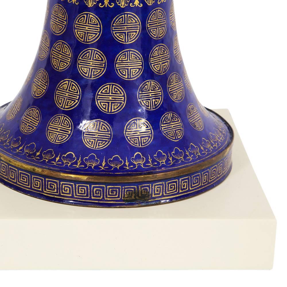 Tommi Parzinger Lamps, Chinese Qing Cloisonné, Cobalt Blue, Gilt, Brass, Signed For Sale 3