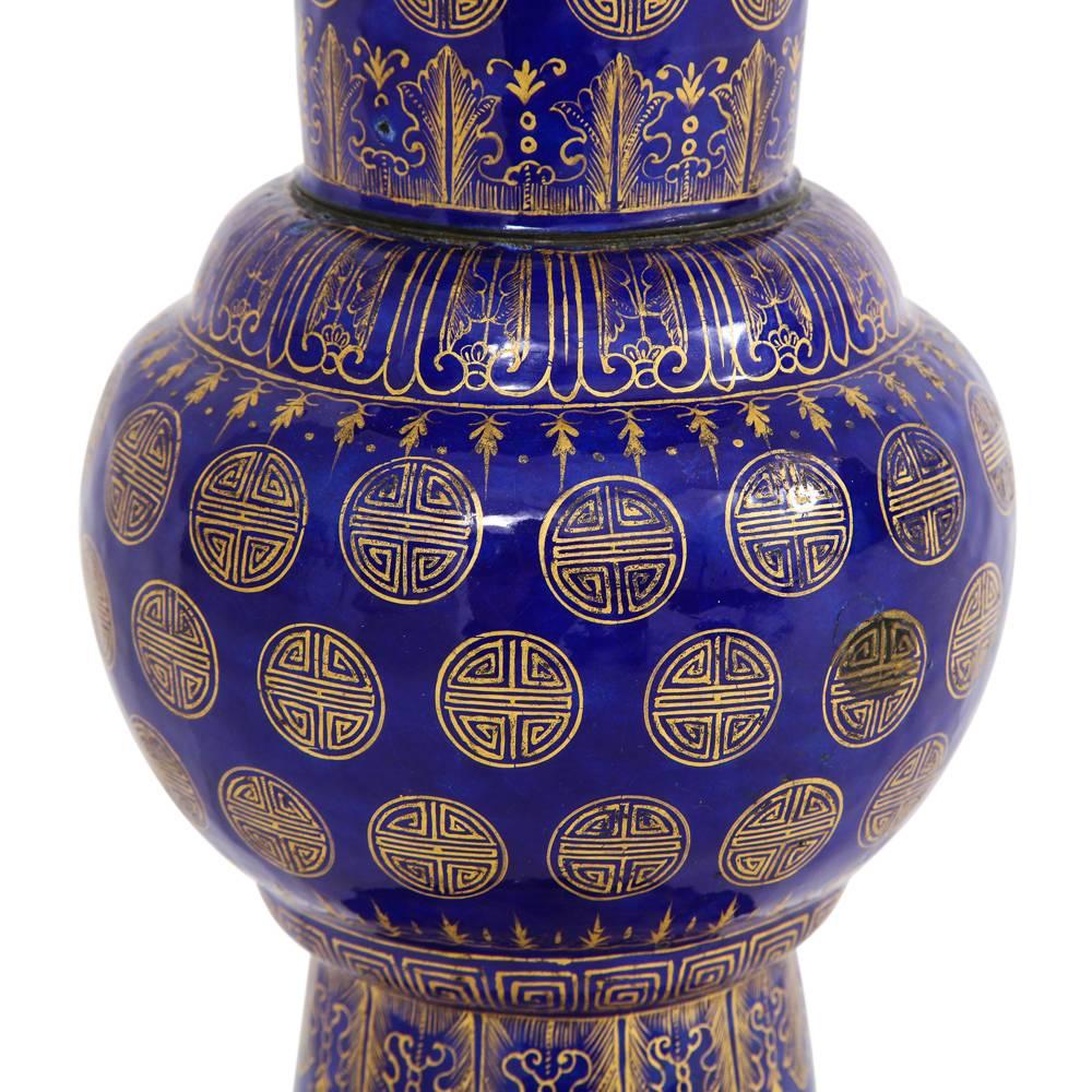 Tommi Parzinger Lamps, Chinese Qing Cloisonné, Cobalt Blue, Gilt, Brass, Signed For Sale 1