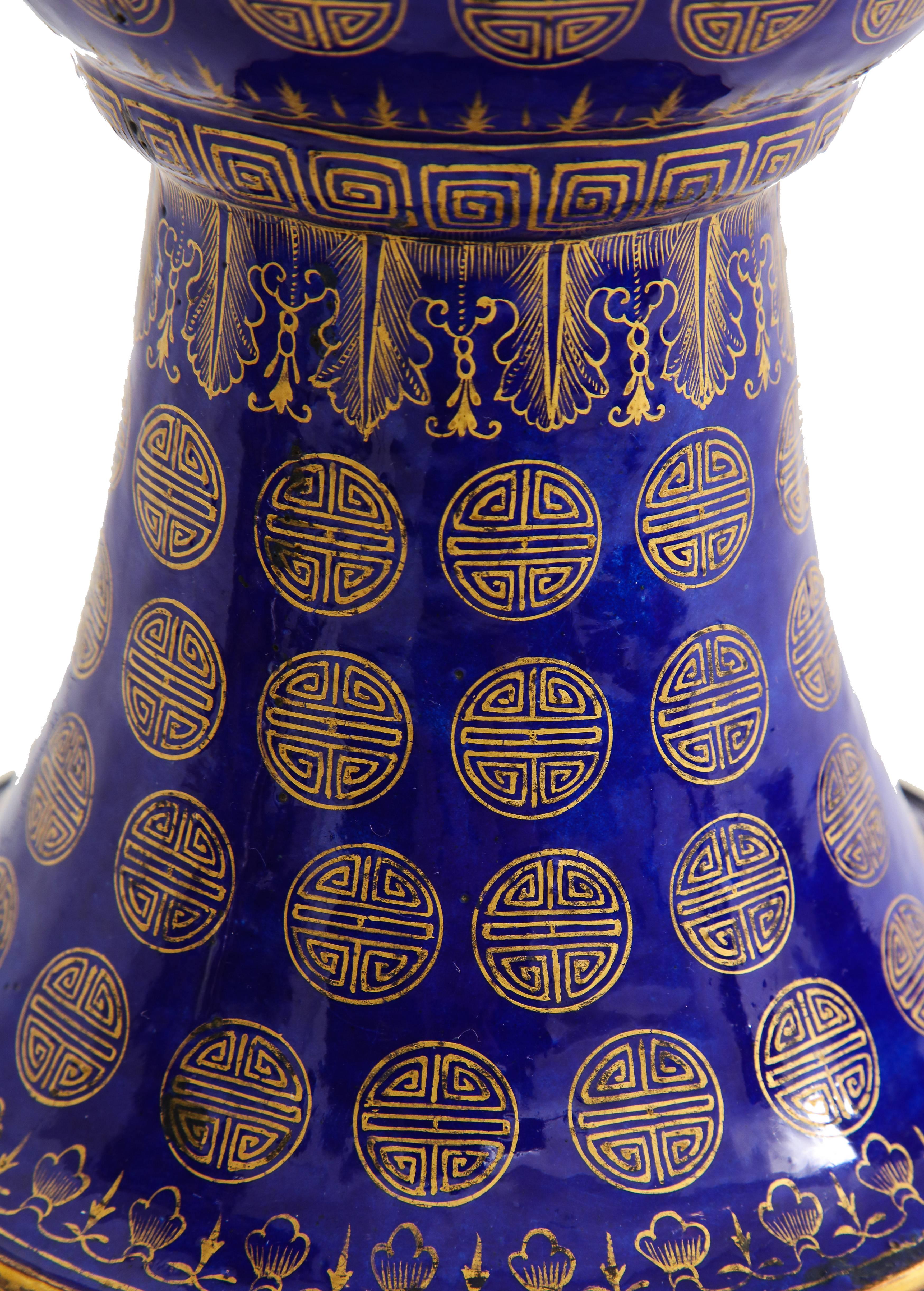 Tommi Parzinger Lamps, Chinese Qing Cloisonné, Cobalt Blue, Gilt, Brass, Signed For Sale 2