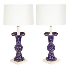 Lampes Tommi Parzinger, Cloisonné chinois Qing, bleu cobalt, doré, laiton, Signé