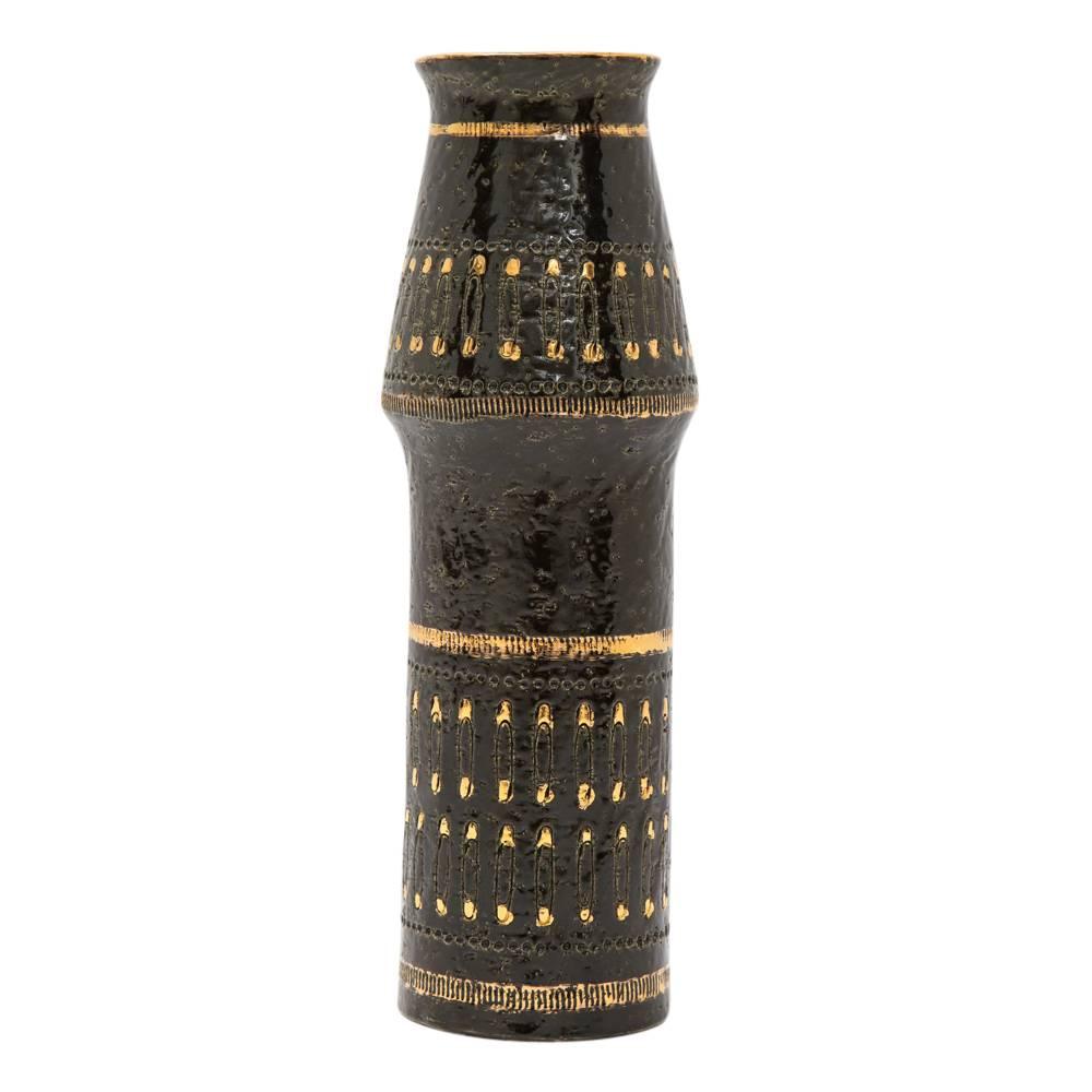 Aldo Londi Bitossi Ceramic Vase Safety Pins Black Gold Signed Italy 1960's. Tall vase decorated with repeated gold safety pin pattern. Signed on underside: 95/33 G Italy.