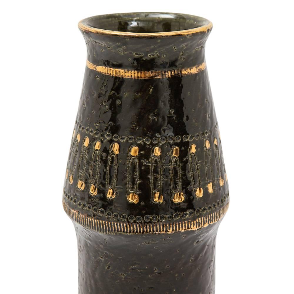 Italian Aldo Londi Bitossi Ceramic Vase Safety Pins Black Gold Signed Italy 1960's