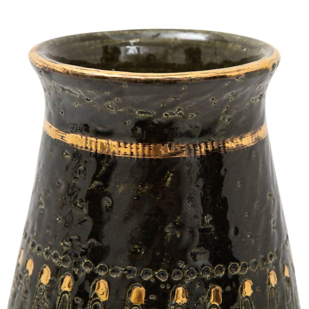 Glazed Aldo Londi Bitossi Ceramic Vase Safety Pins Black Gold Signed Italy 1960's