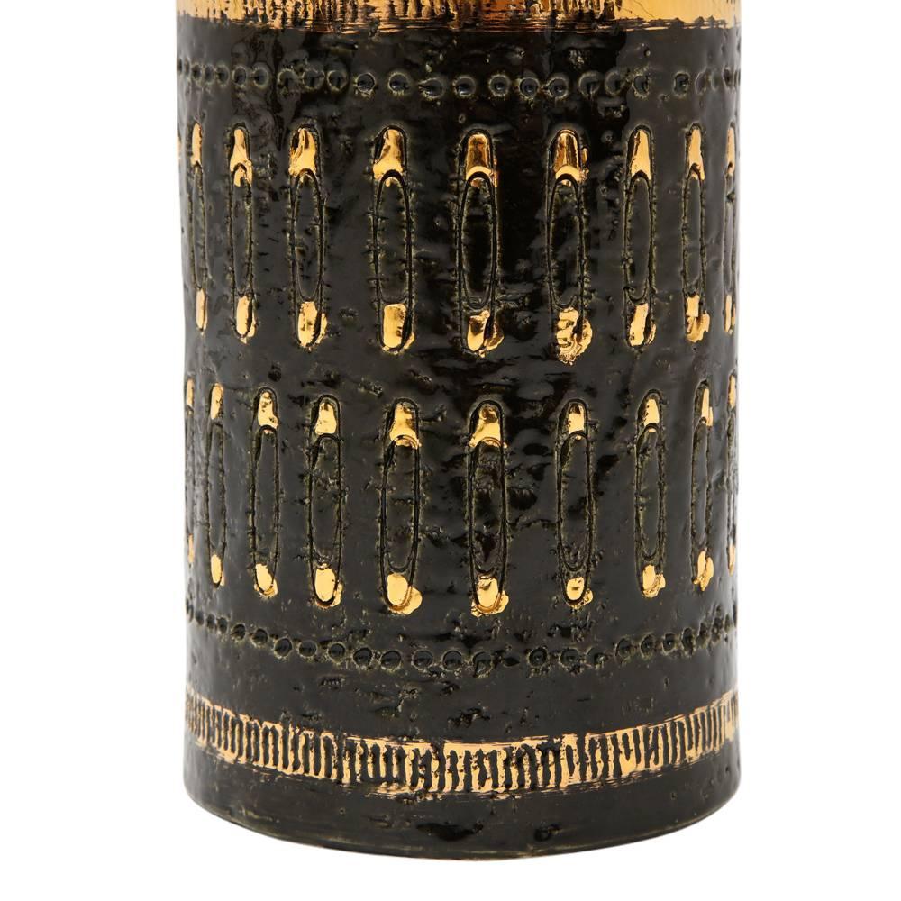 Mid-20th Century Aldo Londi Bitossi Ceramic Vase Safety Pins Black Gold Signed Italy 1960's