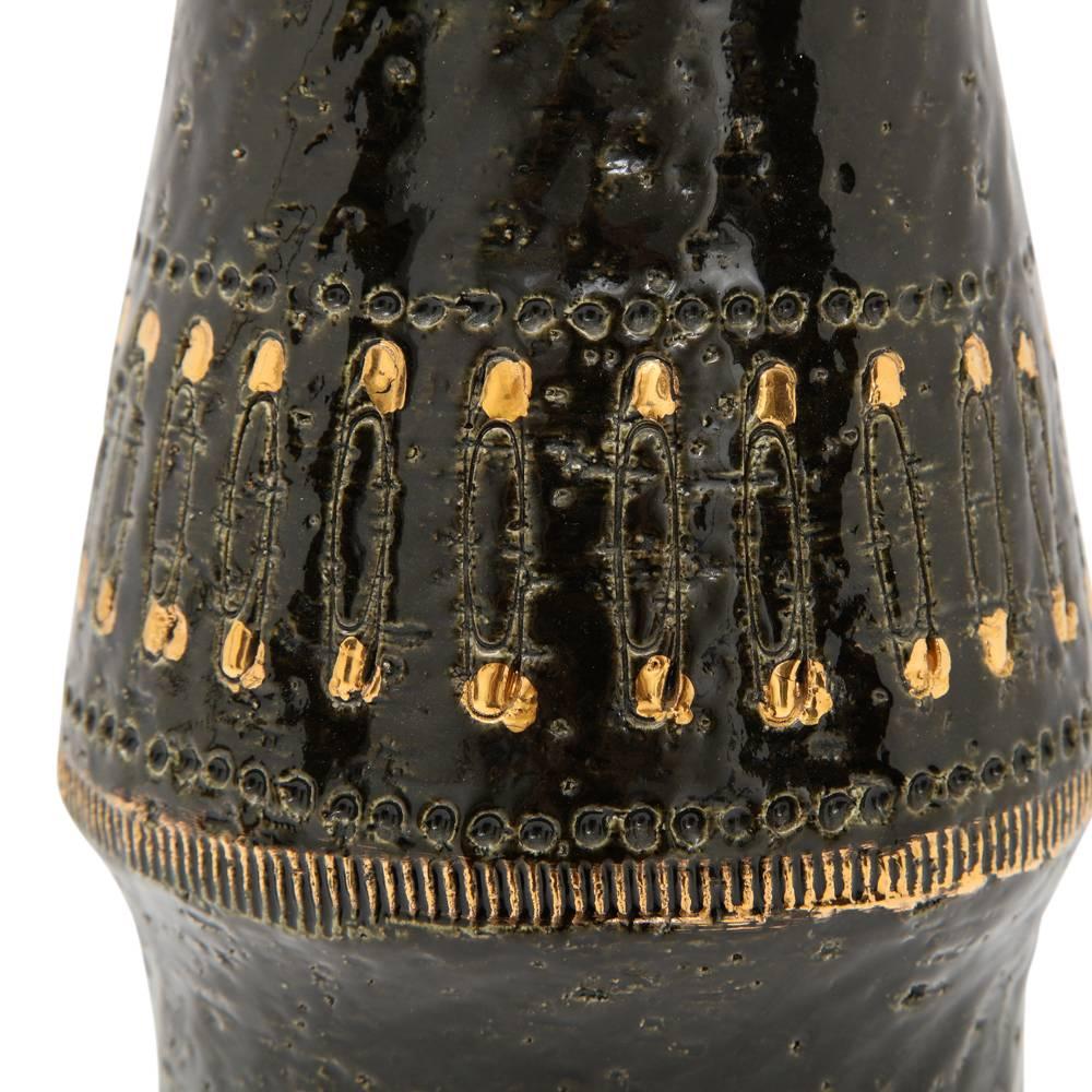 Aldo Londi Bitossi Ceramic Vase Safety Pins Black Gold Signed Italy 1960's In Excellent Condition In New York, NY