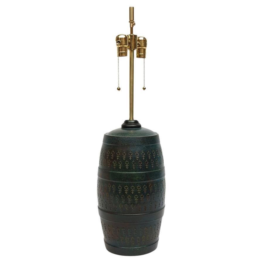 Bitossi Lamp, Ceramic, Etruscan Glaze, Impressed, Green, Blue Turquoise, Signed