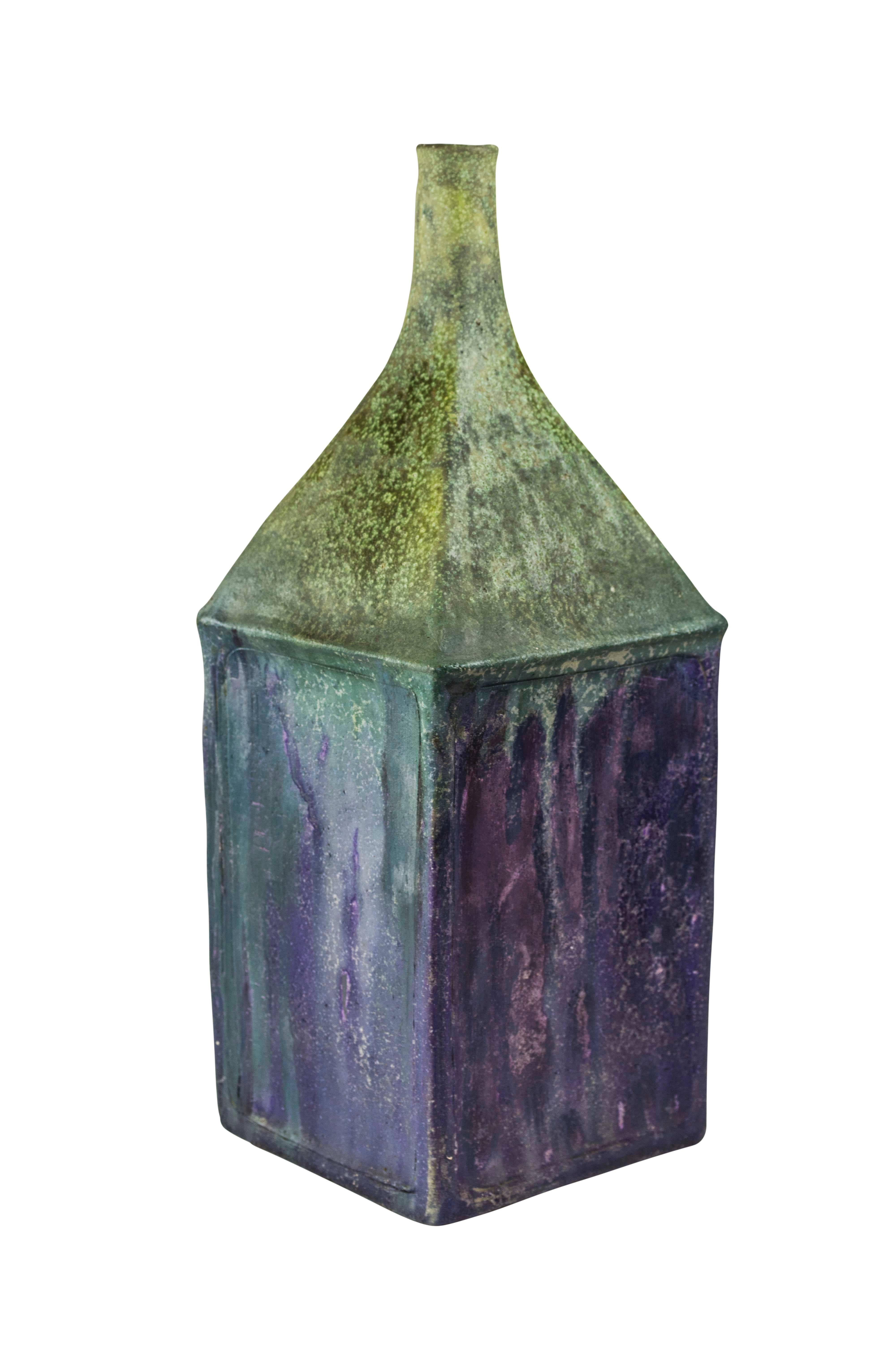 Fantoni Raymor vase, ceramic, purple and green, signed. Tall chunky vase with square neck which slopes into a cube body. Signed on the underside of the vase: Fantoni Italy for Raymor.