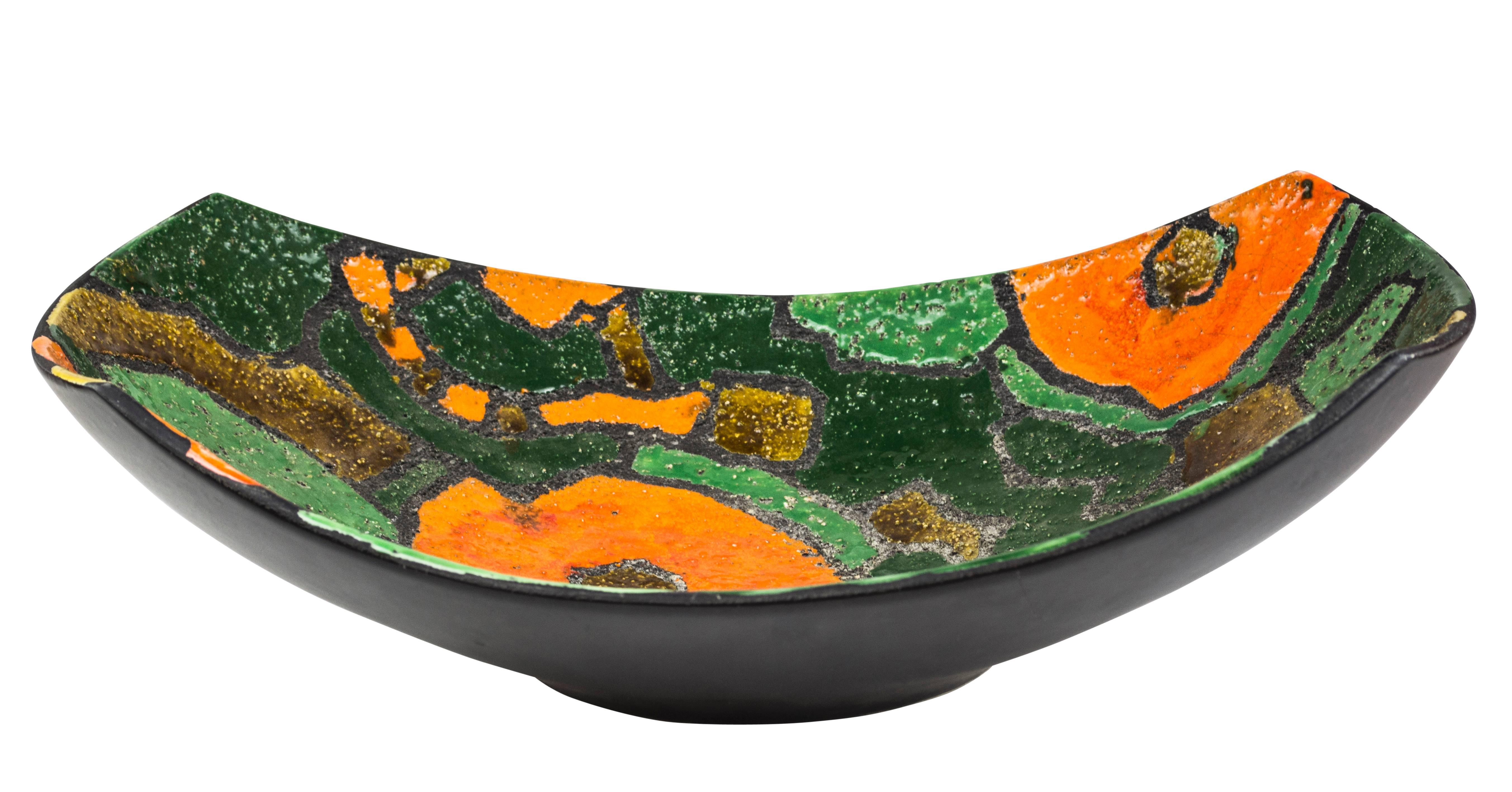 Mid-Century Modern Bitossi Raymor Ceramic Bowl Alvino Bagni Scoop Orange Green Signed Italy 1960's