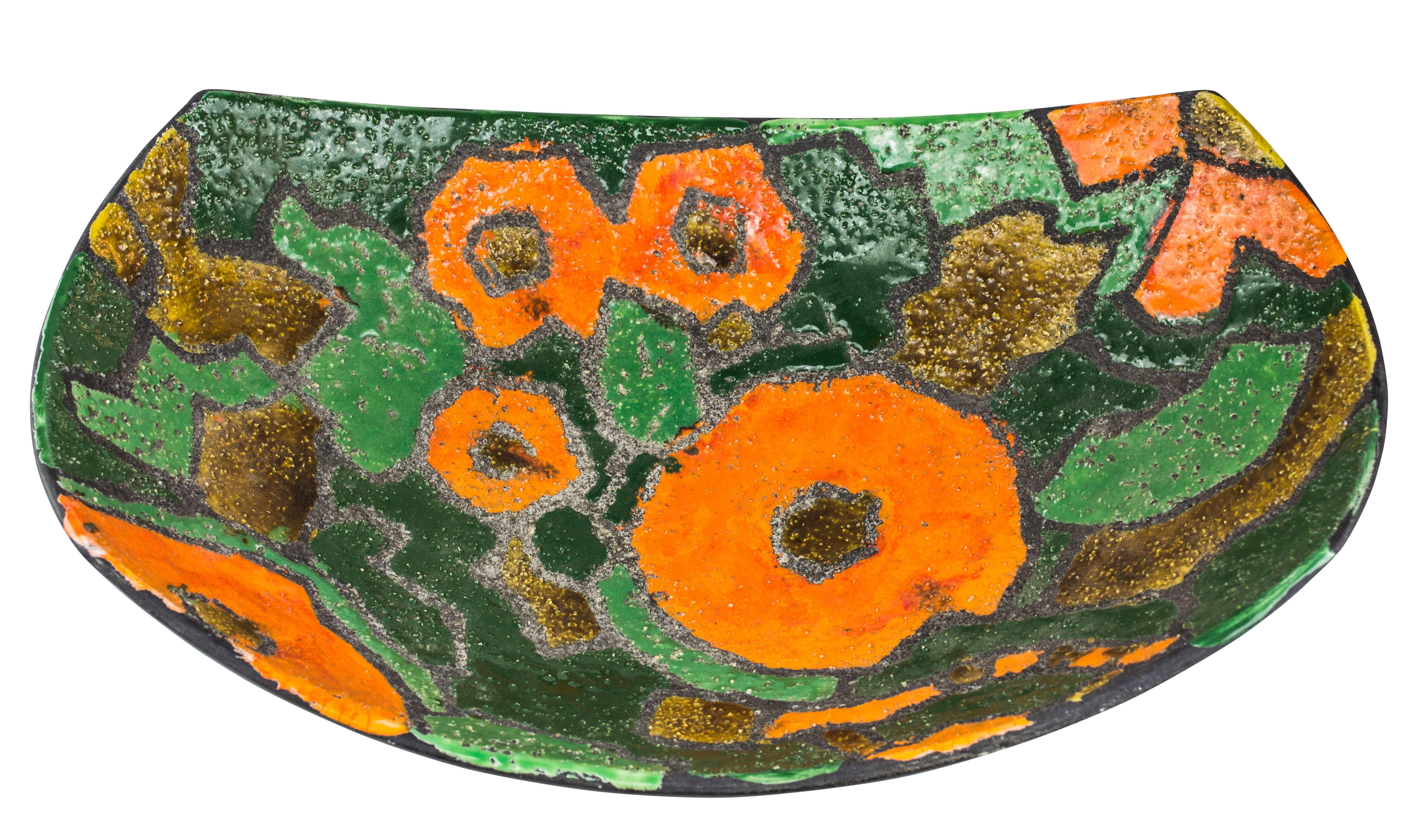 Bitossi Raymor Ceramic Bowl Alvino Bagni Scoop Orange Green Signed Italy 1960's. Medium to large scale scoop form ceramic bowl with floral pattern in bright 1960's colors with a textured sand glaze. Alvino Bagni designed ceramics for Bitossi.
