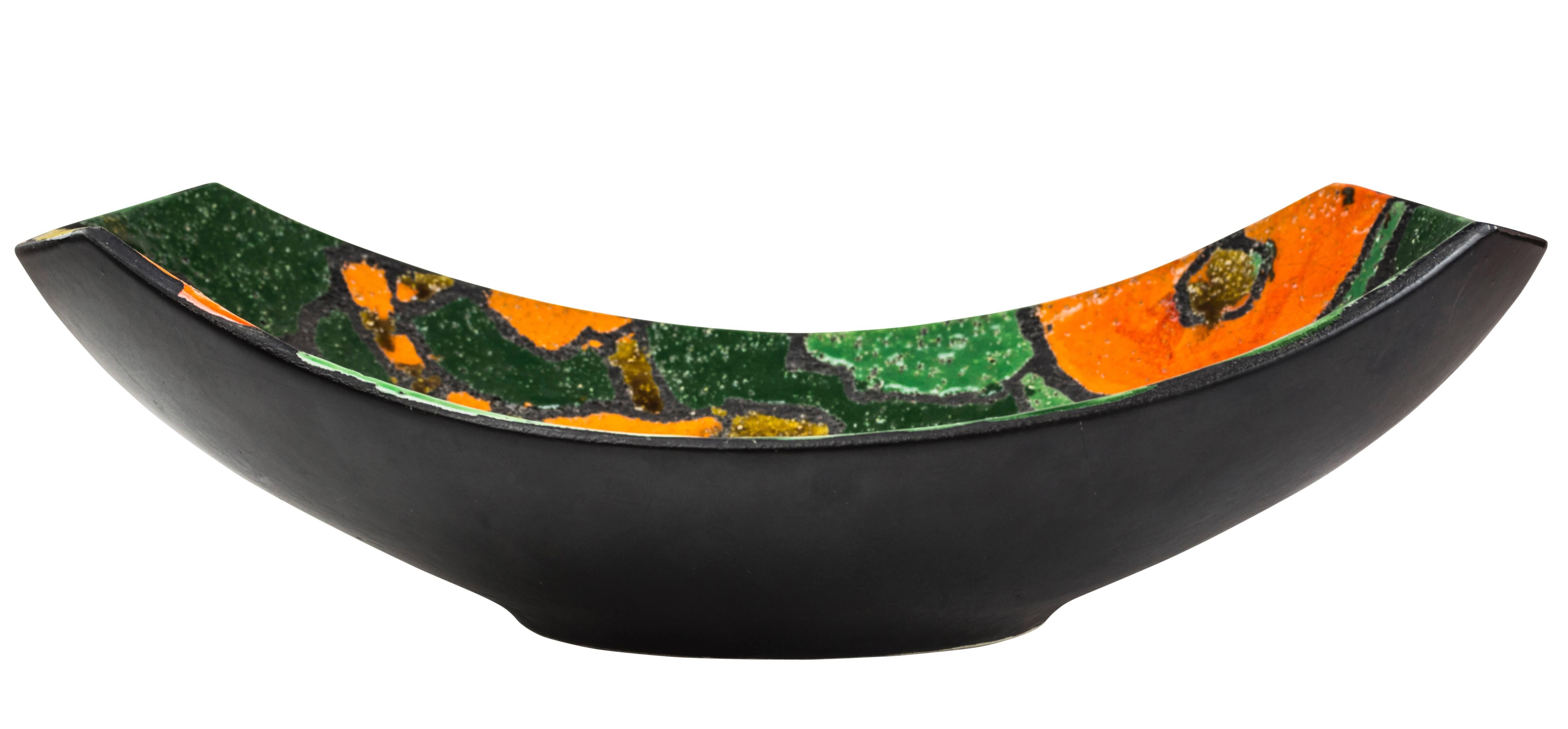 Italian Bitossi Raymor Ceramic Bowl Alvino Bagni Scoop Orange Green Signed Italy 1960's