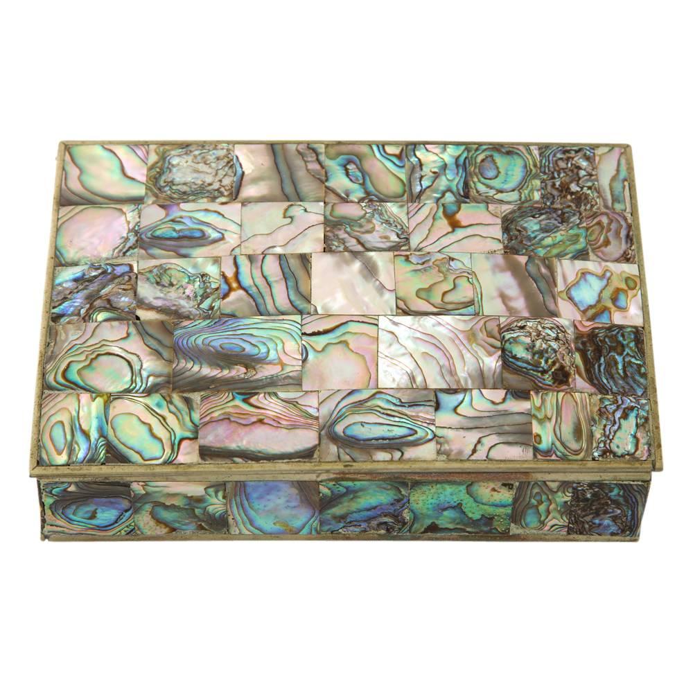 Alpaca Abalone Box Hinged Signed Mexico 1960s. Beautiful abalone over silver plate box and walnut interior. Signed on the underside of the box : Alpaca Hecho en Mexico.