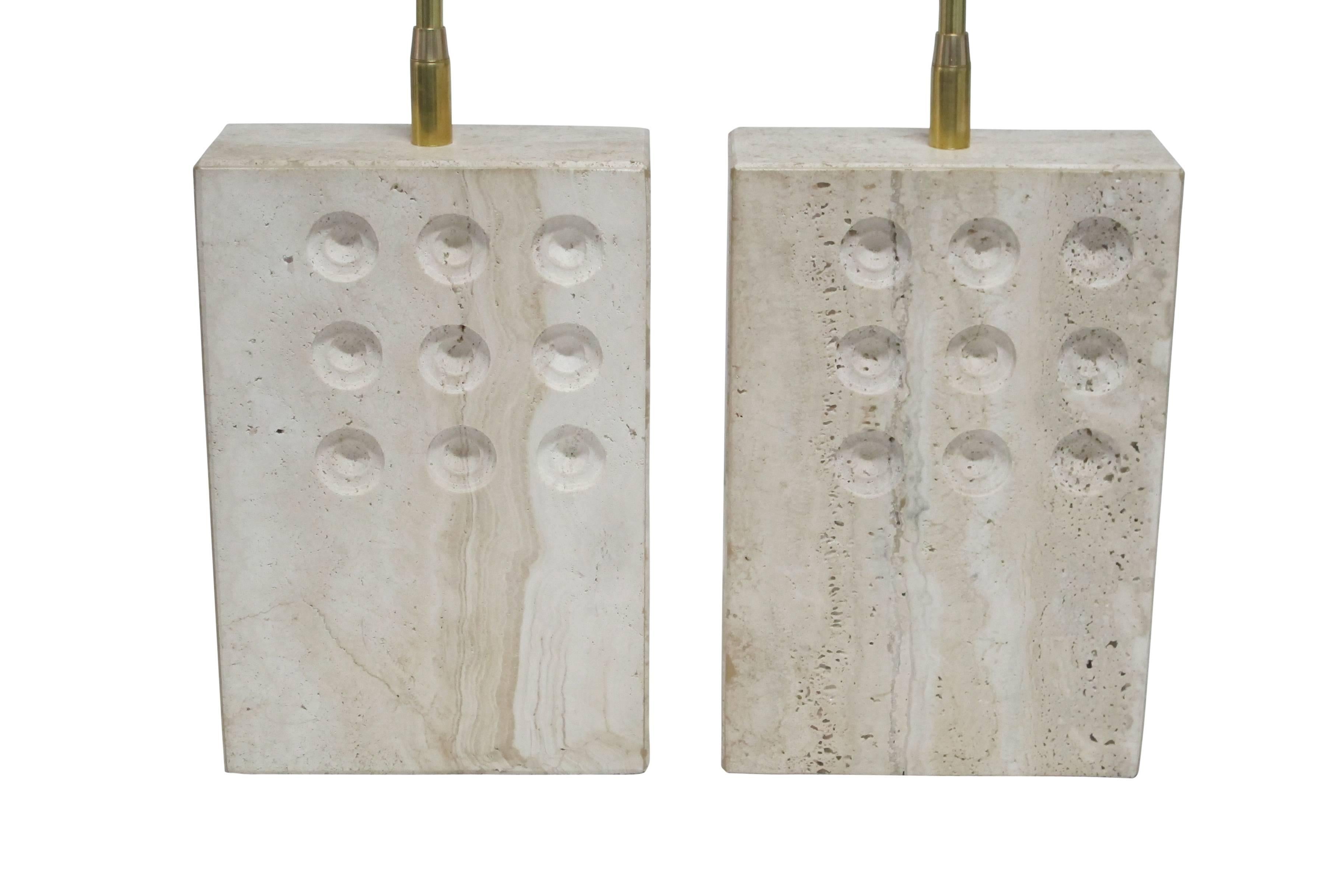 Italian Pair of Rectangular Travertine Table Lamps with Circular Impressions by Raymor