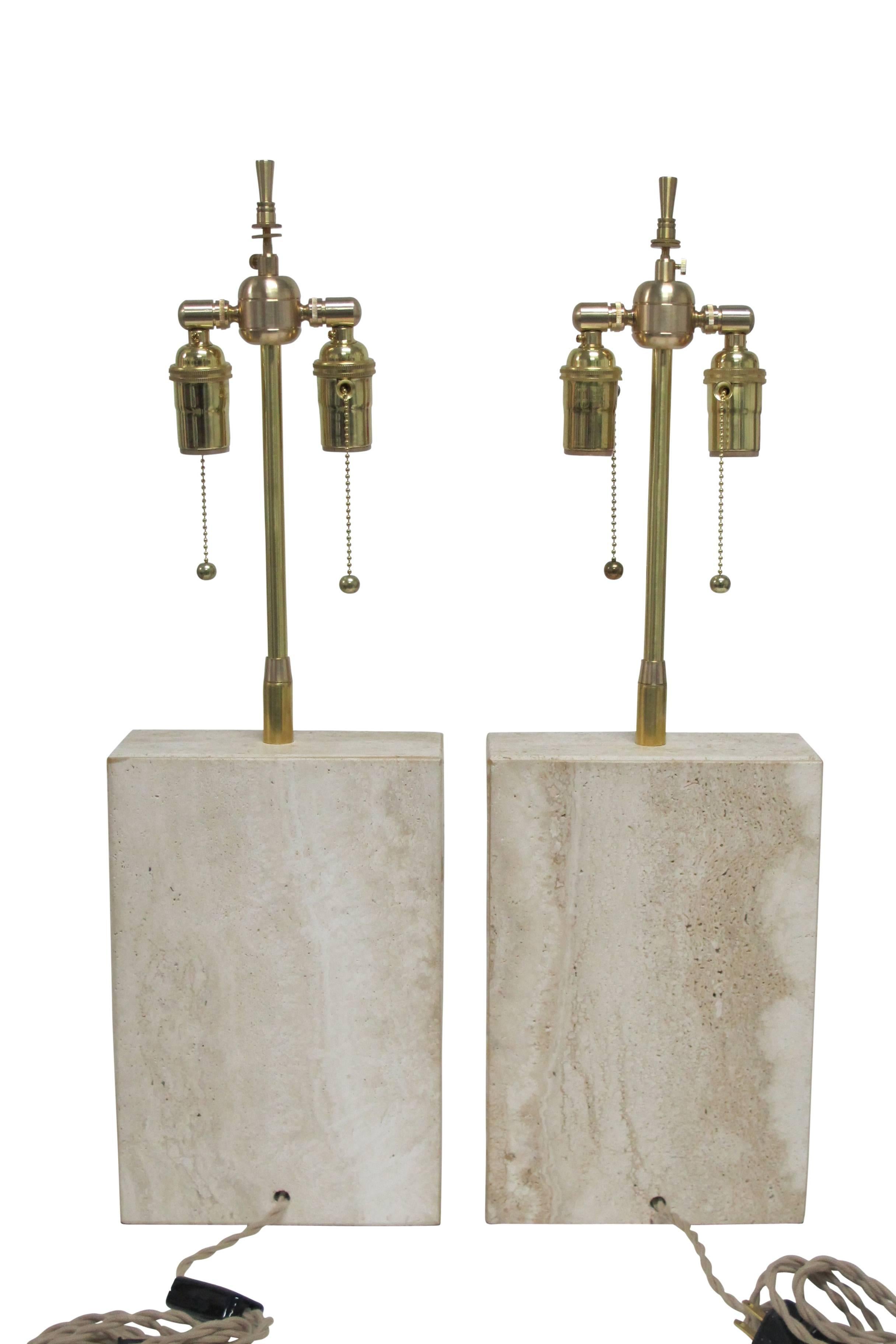 Pair of Rectangular Travertine Table Lamps with Circular Impressions by Raymor 1