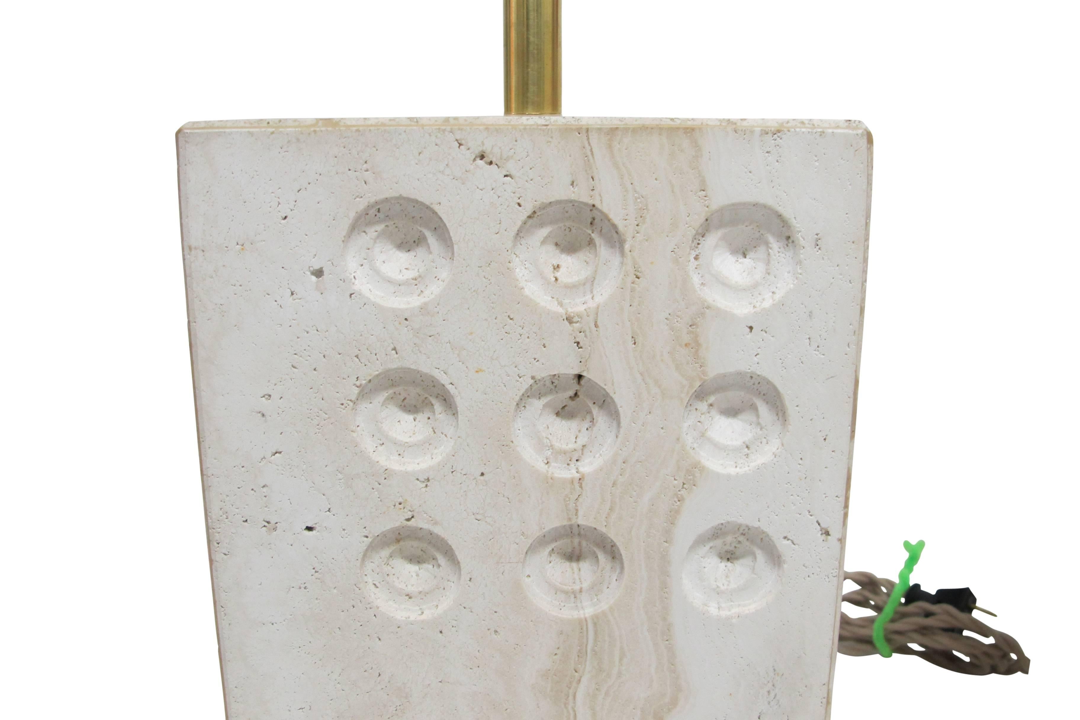 Mid-20th Century Pair of Rectangular Travertine Table Lamps with Circular Impressions by Raymor