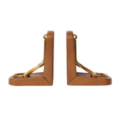 Gucci Horsebit Bookends, Tan Leather, Brass, Wood, Signed Gucci Horsebit Bookends, Tan Leather, Brass, Wood, Signed