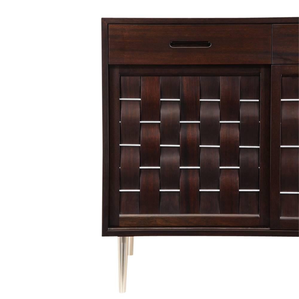 Plated Edward Wormley Dunbar Woven Front Chest, Mahogany, Brushed Nickel, Signed For Sale