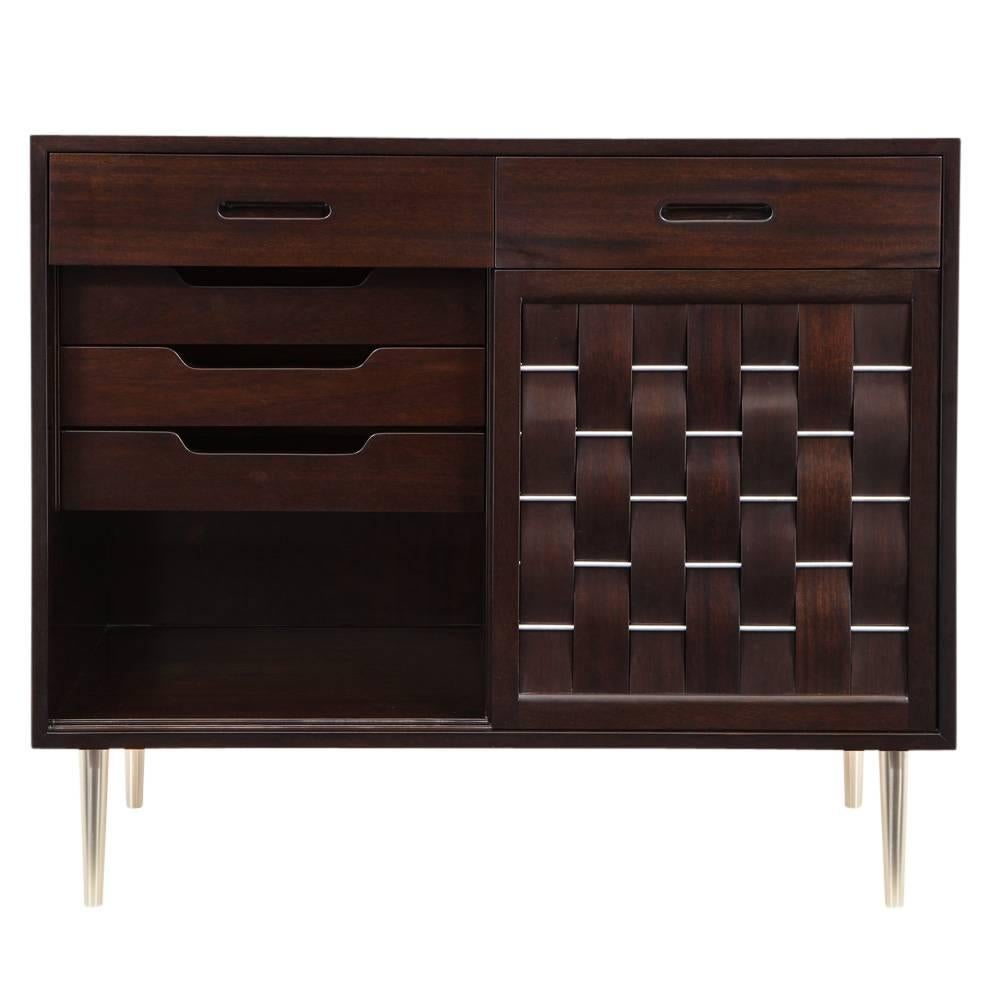American Edward Wormley Dunbar Woven Front Chest, Mahogany, Brushed Nickel, Signed For Sale