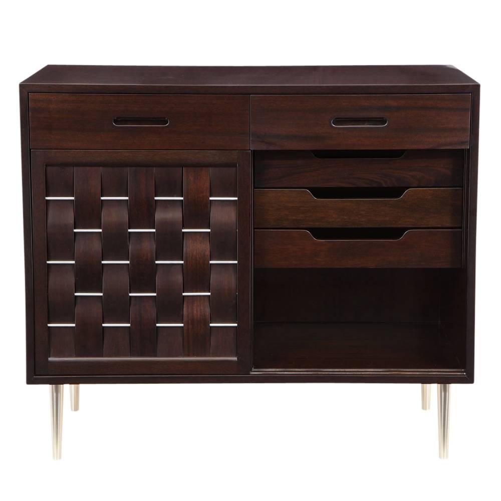 Mid-Century Modern Edward Wormley Dunbar Woven Front Chest, Mahogany, Brushed Nickel, Signed For Sale