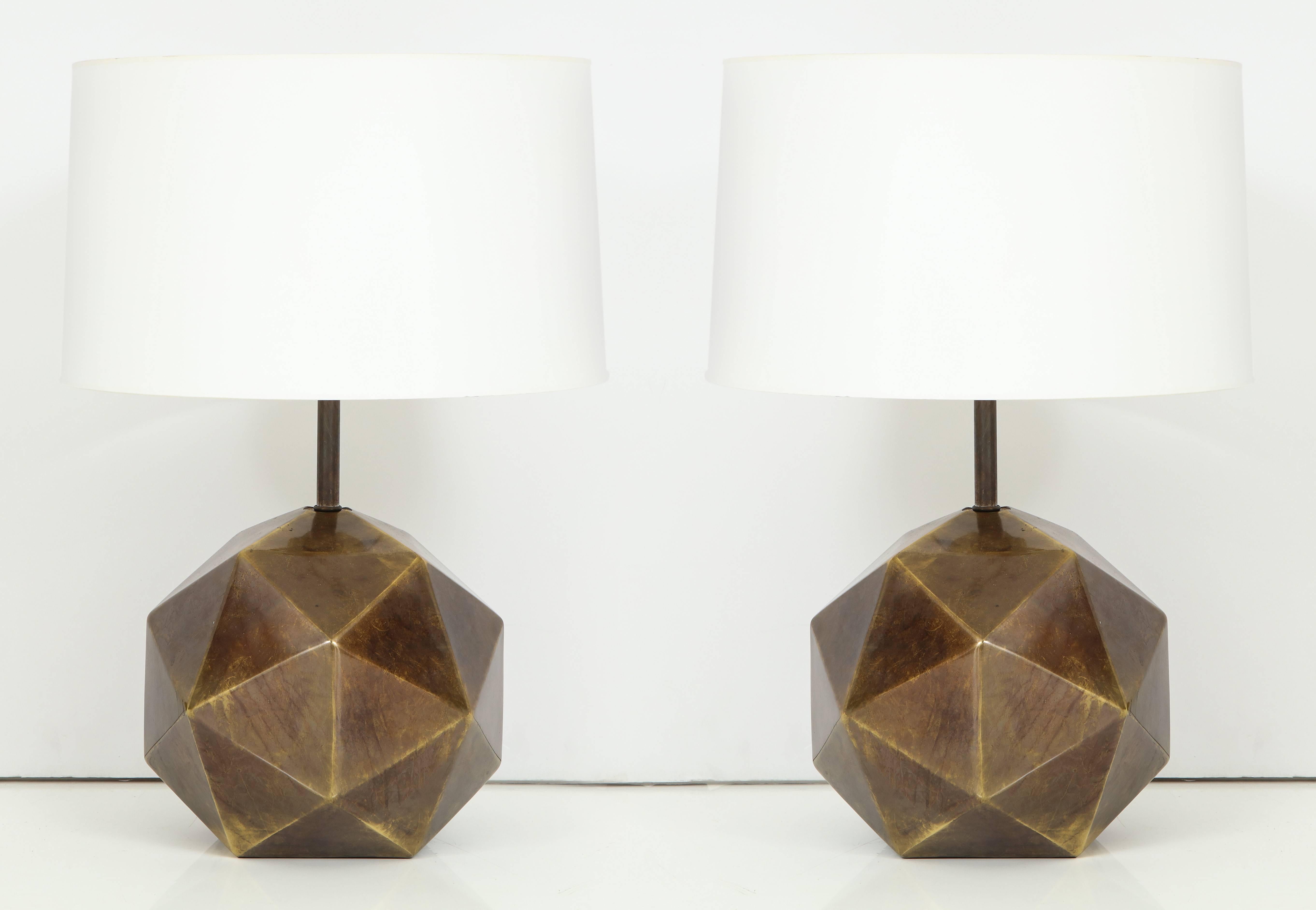 Bronze faceted Westwood lamps, signed. Finely crafted table lamps with original lacquered bronze finish. Both lamps are signed: Westwood industries 1978 on clear cellophane label about the exit cord in the rear of the lamp. Each measures: 9 inches