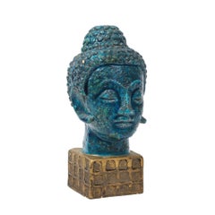 Aldo Londi Bitossi Buddha Head Sculpture, Cinese Blue Gold Ceramic, Italy 1960s