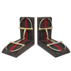 Gucci Horsebit Leather and Brass Bookends Signed Italy 1970's 11