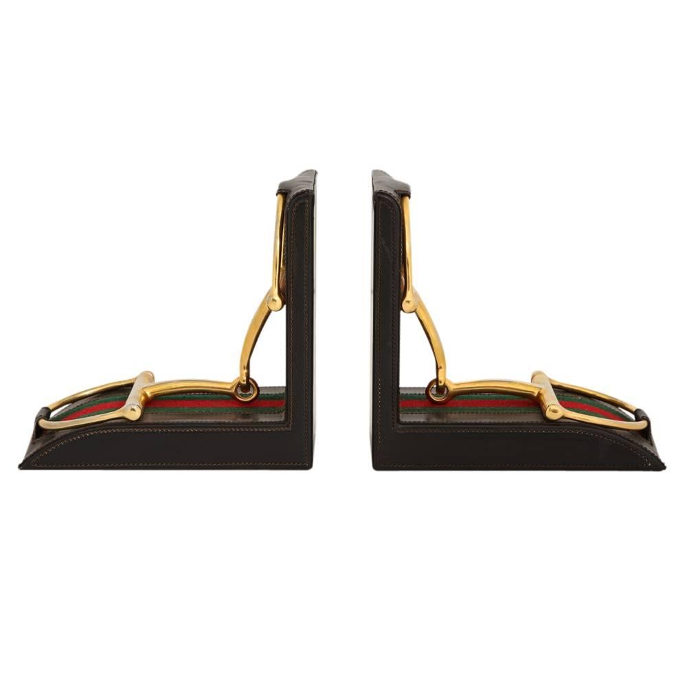 Mid-Century Modern Gucci Horsebit Leather and Brass Bookends Signed Italy 1970's