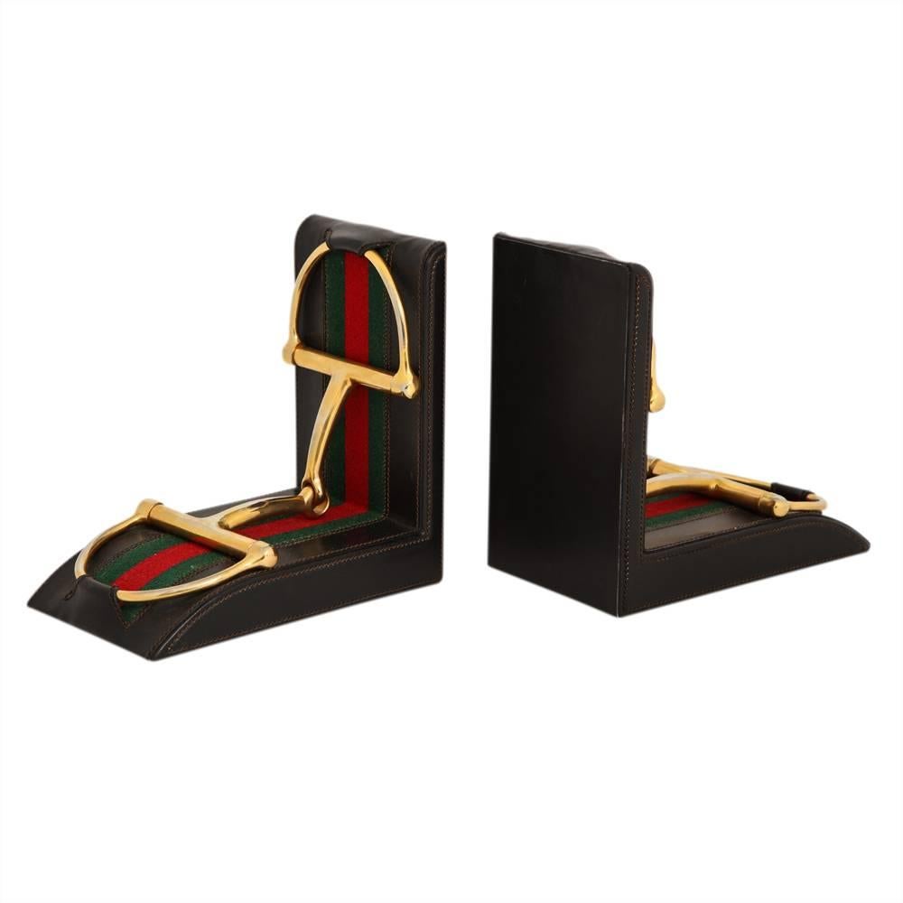 Gucci Horsebit Leather and Brass Bookends Signed Italy 1970's In Good Condition In New York, NY