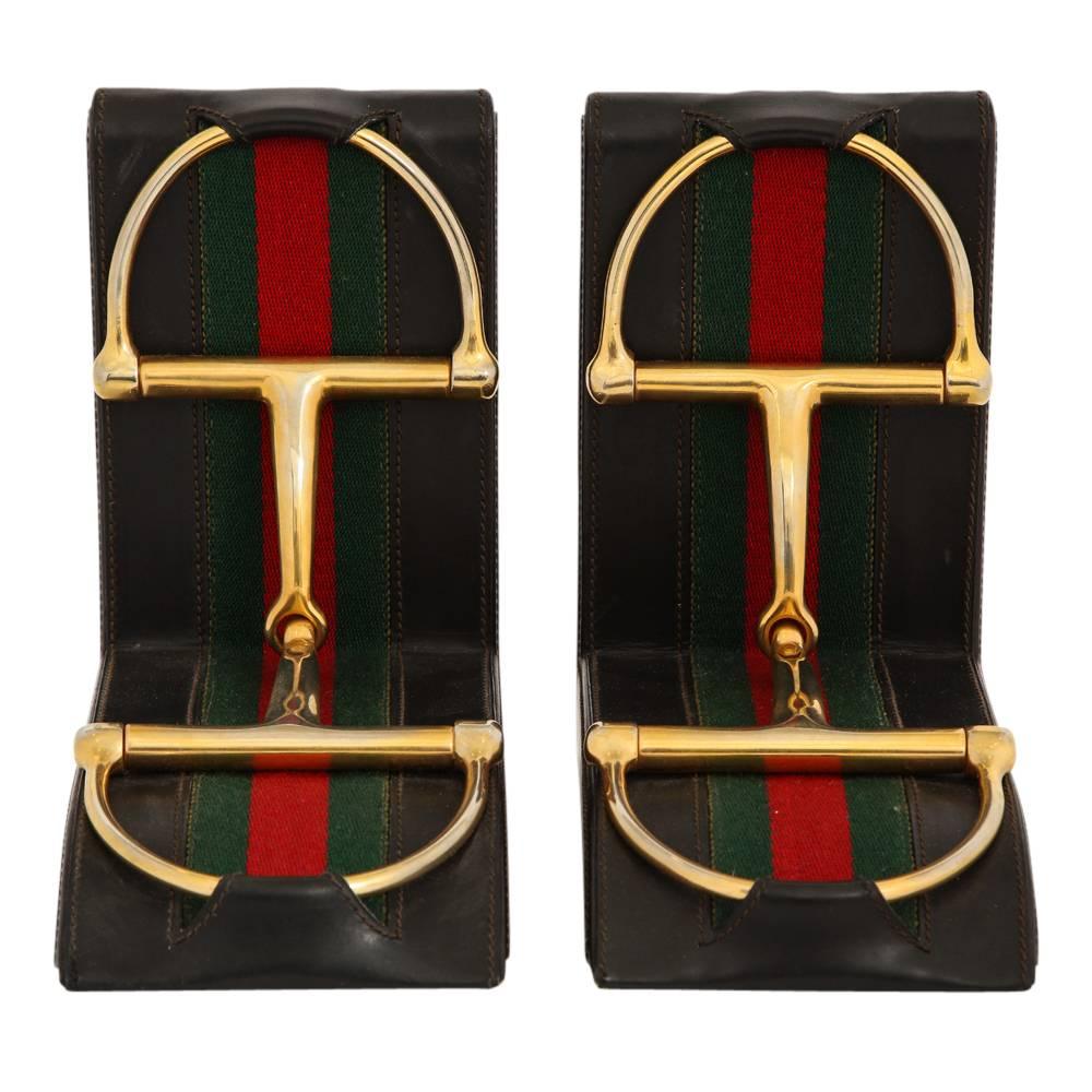 Italian Gucci Horsebit Leather and Brass Bookends Signed Italy 1970's
