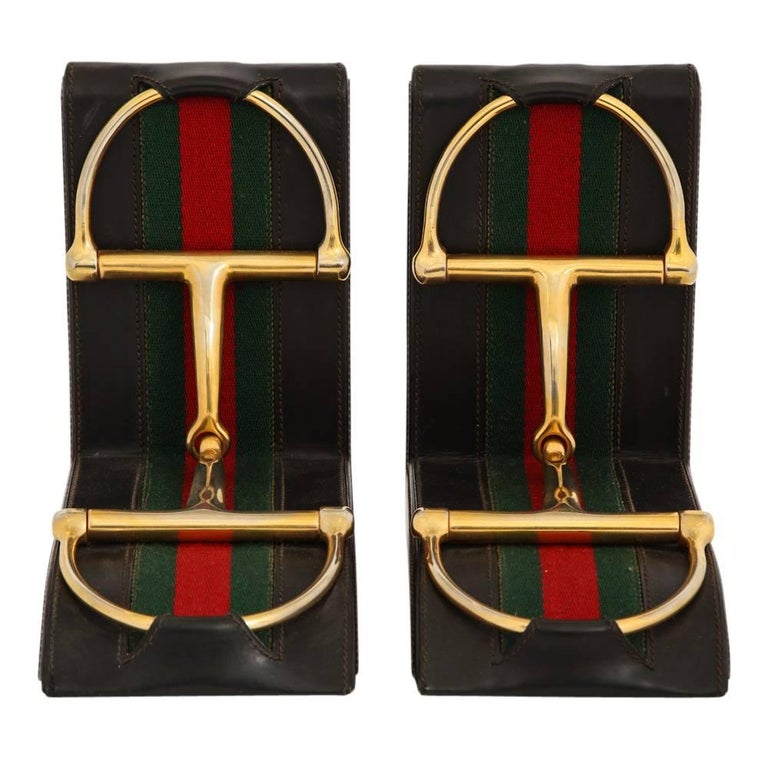 Gucci Horsebit Leather and Brass Bookends Signed Italy 1970's at 1stDibs