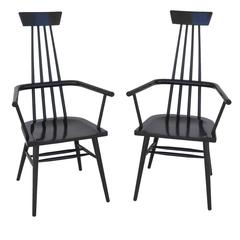 Paul McCobb Pair of High Back Black Lacquered Maple Wood Armchairs, USA 1950's 11