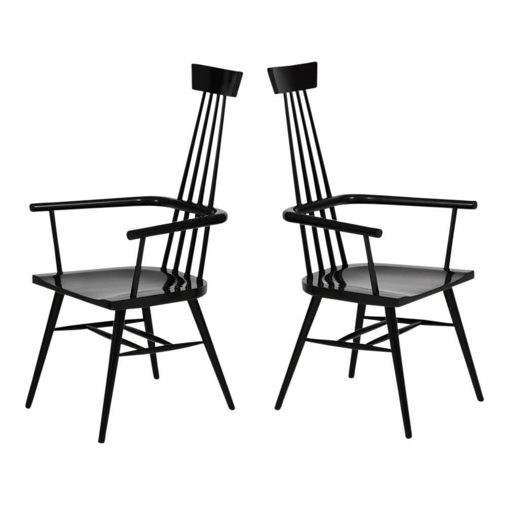 Paul McCobb Pair of High Back Black Lacquered Maple Wood Armchairs, USA 1950's. The chair is one of the 19 Predictor Group pieces McCobb excuted for O'Hearn Furniture, of Gardner, MA., from 1951-1955. The design was inspired 19th Century American