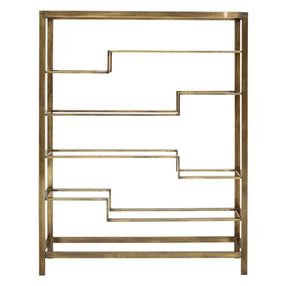 Etagere Bronzed Toned Steel and Glass by Baker, USA, 1970s. A lacquered brushed brass finish over steel framed Etagere. Finish to the metal reads as dark brass or bronze and is in very good vintage condition. Fabricated for Baker in Spain in the