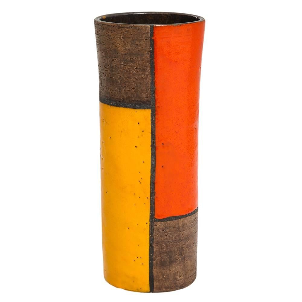 Bitossi vase, ceramic Mondrian, yellow orange, brown, signed. Large chunky vase glazed in a geometric pattern of orange and yellow over matte brown. Please note photo 6, the orange glaze slightly bleeds into the lower brown section.
 