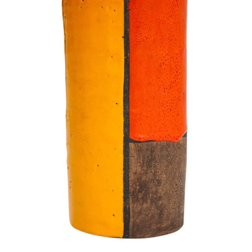Mid-Century Modern Bitossi Vase, Ceramic Mondrian, Yellow Orange, Brown, Signed