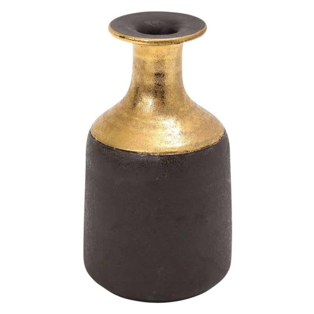 Italian Bitossi for Raymor Vase, Ceramic, Gold, Matte Brown, Signed For Sale