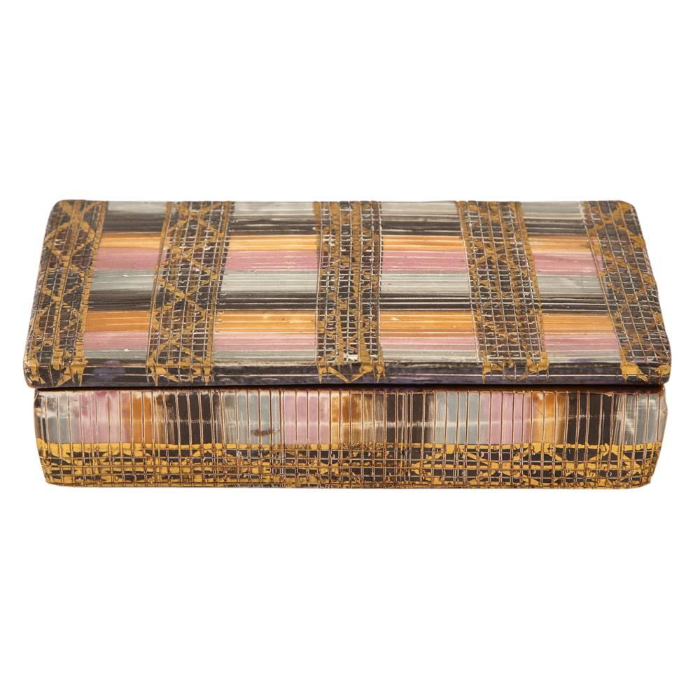 Bitossi Raymor Ceramic Lidded Box Aldo Londi Signed, Italy, 1960s. In very clean original condition. Pastel colors: from gold to magenta. The Seta pattern is composed of horizontal glazed bands crossing vertical bands. Purple glazed lid and