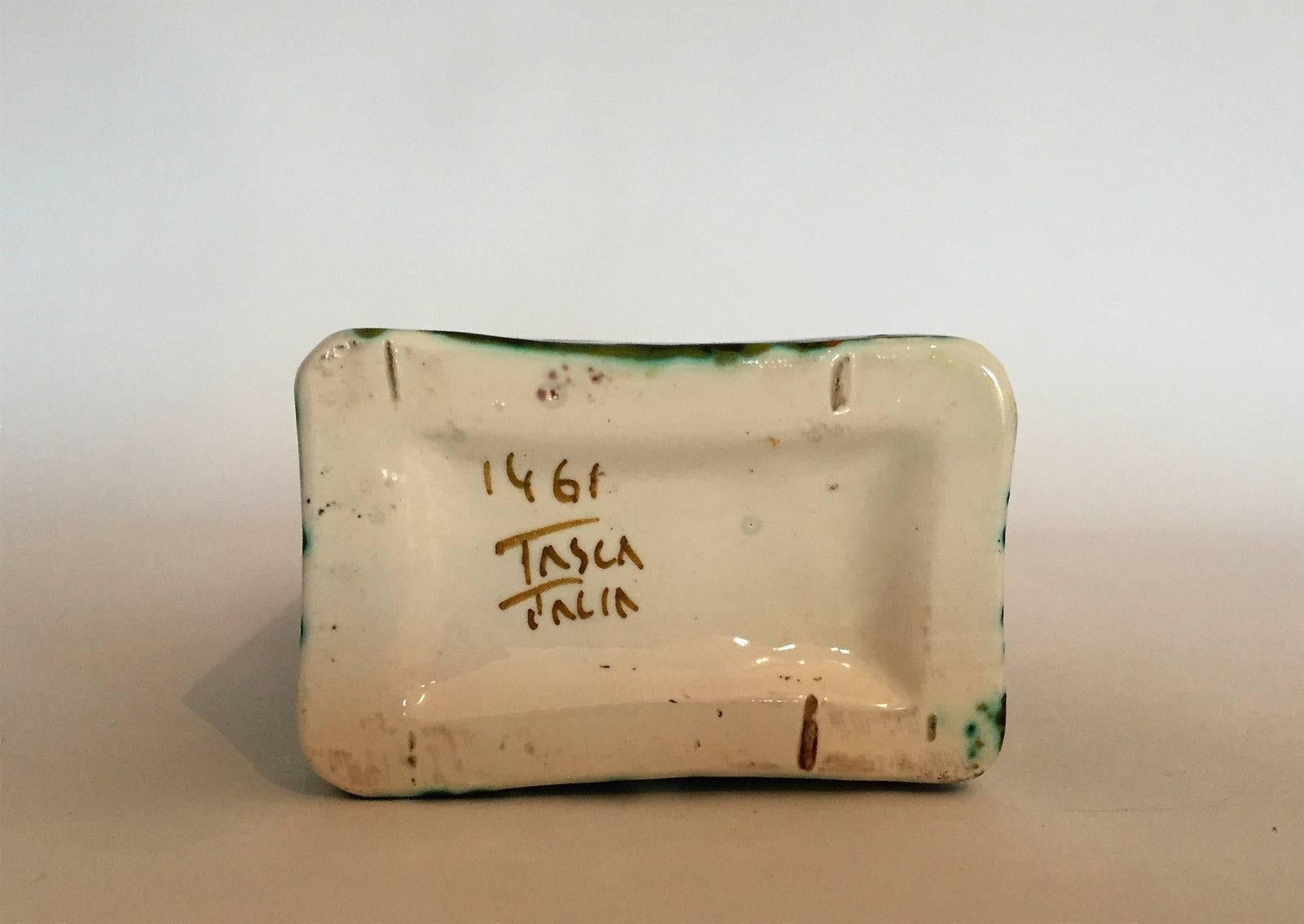 Alessio Tasca Raymor Ceramic Vase Signed, Italy, 1960s. Decorated with fish on one side and birds on the other. Signed on bottom of vase: 1461 Tasca Italia.