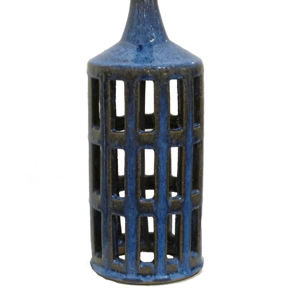 Mid-20th Century Finn Lynggaard Ceramic Table Lamp Blue Cutouts Signed Denmark, 1960s
