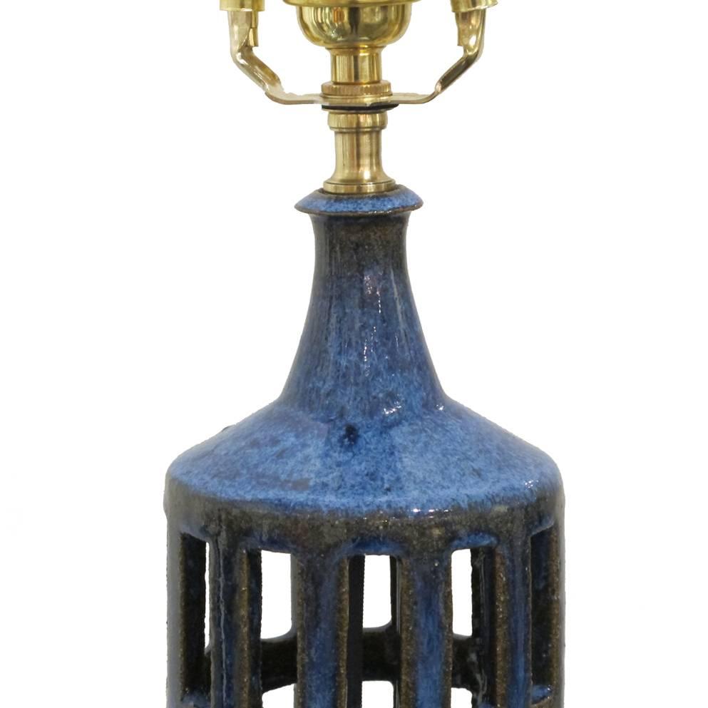 Brass Finn Lynggaard Ceramic Table Lamp Blue Cutouts Signed Denmark, 1960s