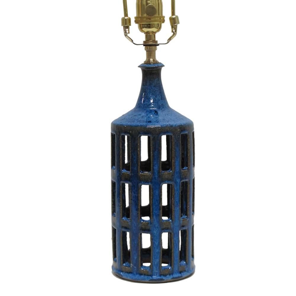 Danish Finn Lynggaard Ceramic Table Lamp Blue Cutouts Signed Denmark, 1960s